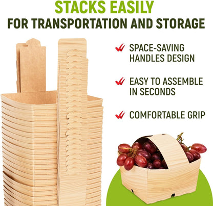 USA-Made Quart-Size Berry Baskets with Handles, Pack of 25 - 2 lbs Capacity Produce Basket for Fruits, Berries & Veggies - Premium Berry Container for Farmers Markets or Product Displays