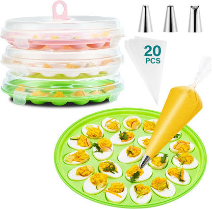 Deviled Egg Container with Lid, 3 Pack Stackable Deviled Egg Platter with Handle, 66-Slot Egg Carrier Tray for Fridge Storage, Easter, Christmas, Parties, Picnic, Dishwasher/Freezer Safe