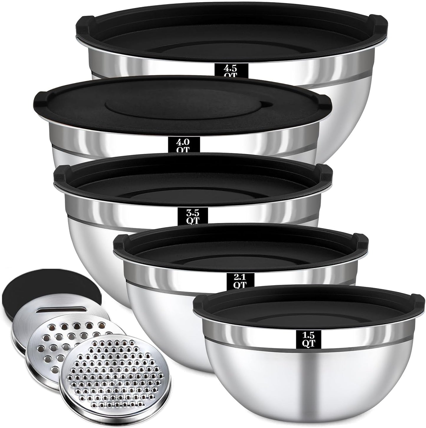 21PCS Mixing Bowls with Lids Set - 7 Nesting Mixing Bowls, 3 Graters, 11 Baking Tools, Lids, Stainless Steel Mixing Bowls for Mixing & Baking, Size 0.7/1.1/1.5/2.1/3.5/4/4.5 QT, Black
