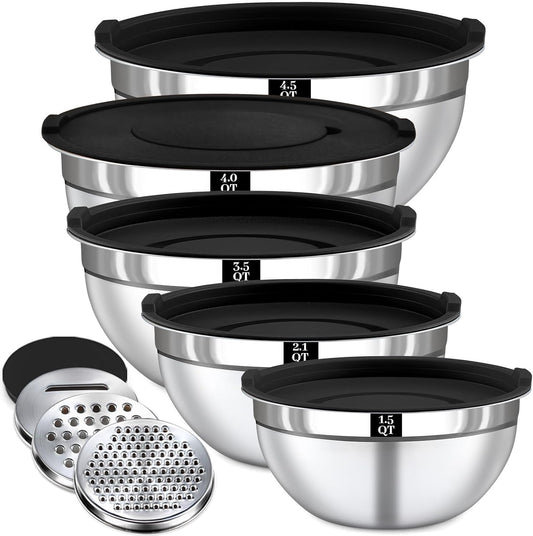 21PCS Mixing Bowls with Lids Set - 7 Nesting Mixing Bowls, 3 Graters, 11 Baking Tools, Lids, Stainless Steel Mixing Bowls for Mixing & Baking, Size 0.7/1.1/1.5/2.1/3.5/4/4.5 QT, Black