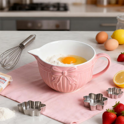 Gaolinci Bow Embossed Ceramic Mixing Bowl, 1 Quart Batter Bowl with Pouring Spout and Handle