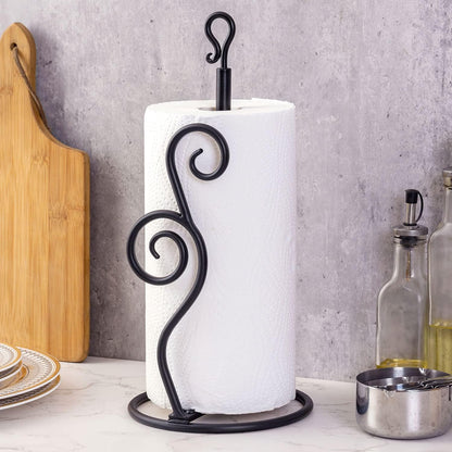 MyGift Rustic Burnt Solid Wood and Industrial Matte Black Metal Dining Combination Caddy with Paper Towel Roll Dispenser Stand, Napkin Holder, and Spice Rack