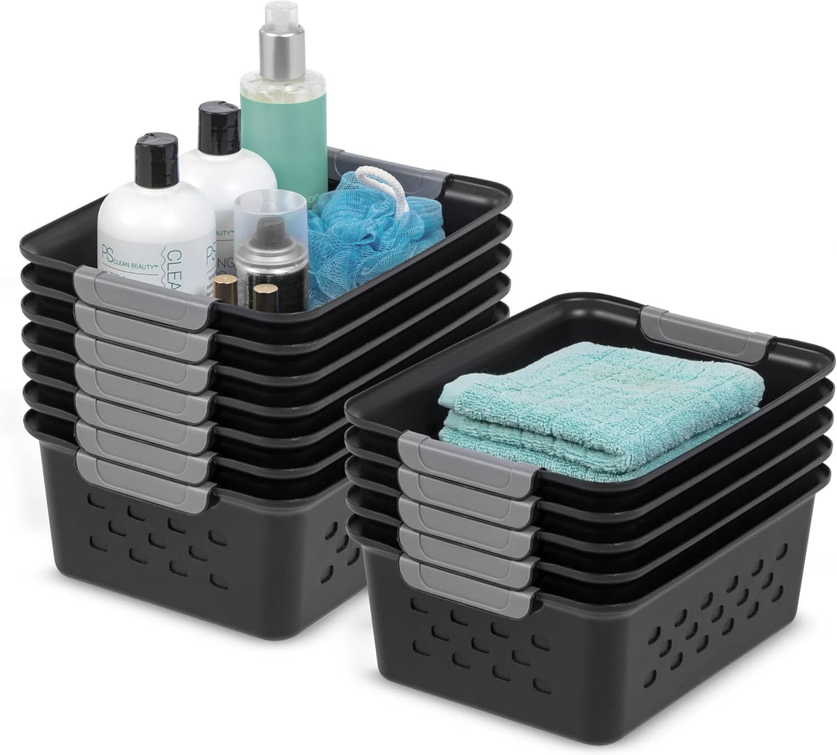 IRIS USA Plastic Storage Baskets, 6-Pack, Made in USA, Shelf Baskets Small Baskets Organizing Bins for Pantry Countertops Closet Shelves Laundry Room Office, Multi-Purpose, Nestable, Easy Carry, Black