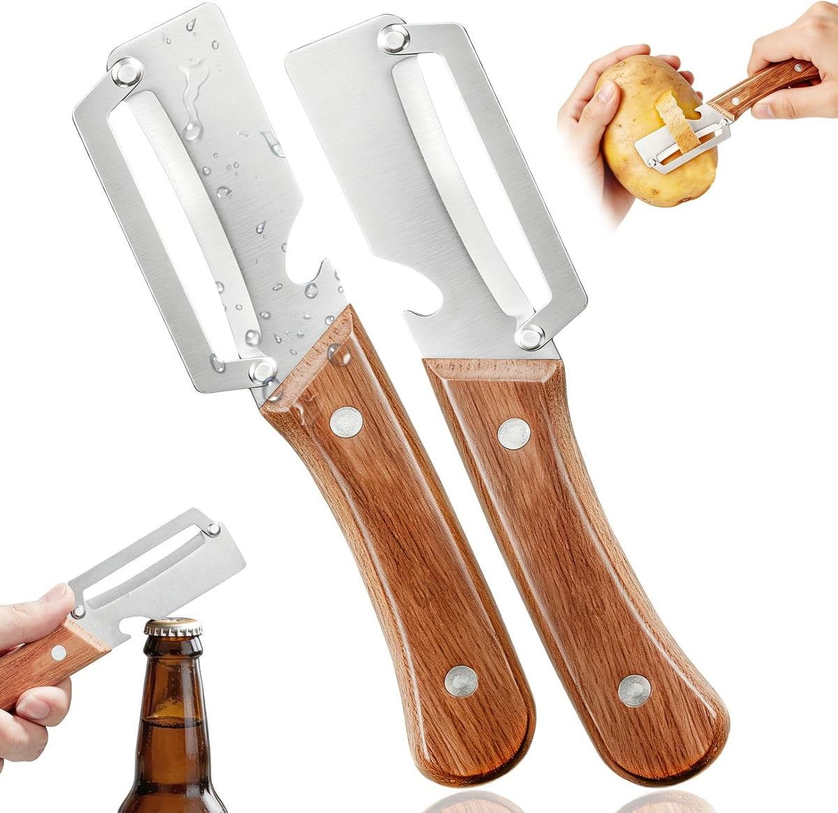 Left & Right Hand Vegetable Peeler Set with Scallion Slicer & Bottle Opener, Thickened Stainless Steel Wide Blade for Smooth Peeling, Wooden Handle Kitchen Peeler for Fruits & Vegetables