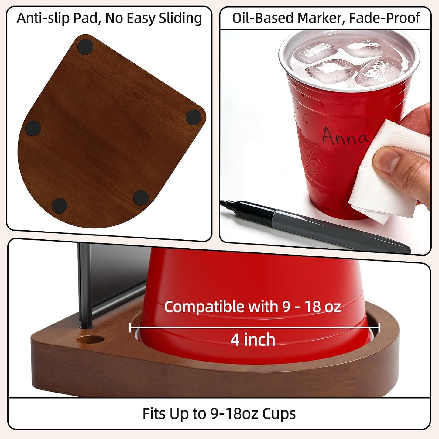 Decorative Solo Cup Holder with Marker Slot, Disposable Cup Dispenser Prevents Drink Mix-Ups – A Hosting Essential for Birthdays, BBQs, Gatherings & Housewarming, Brown