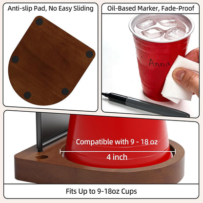 Decorative Solo Cup Holder with Marker Slot, Disposable Cup Dispenser Prevents Drink Mix-Ups – A Hosting Essential for Birthdays, BBQs, Gatherings & Housewarming, Brown