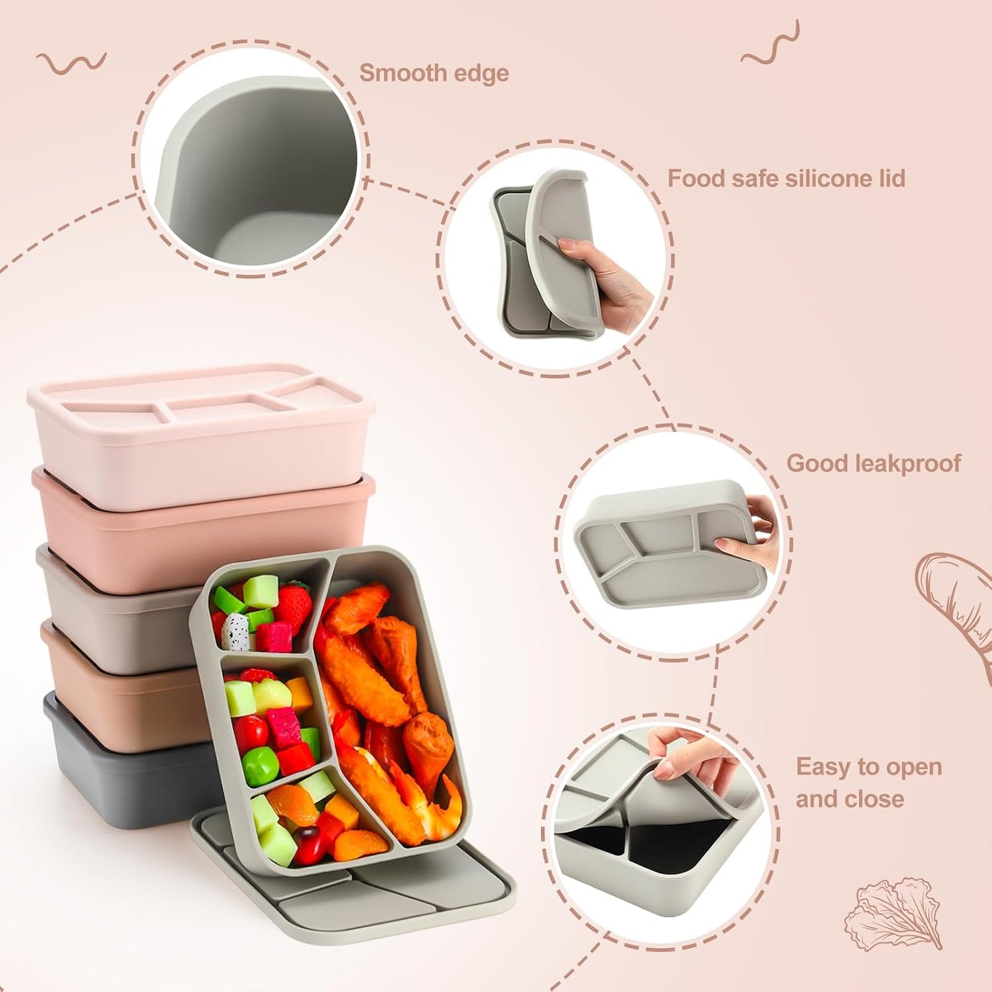 Honeydak 6 Pcs Silicone Bento Box Reusable Lunch Container 4 Compartment Snack Boxes with Lid Smooth LeakProof Rectangle Food Boxes for Adult Work Travel Food Storage (Cute Color)