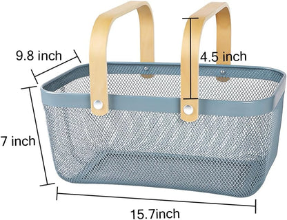 Portable Mesh Harvest Basket - Natural Bamboo Handle Foldable Organizer for Kitchen, Garden & Picnic | Ventilated Storage Bin with Rust-Proof Wire, Space-Saving Farmhouse Decor (Pink)