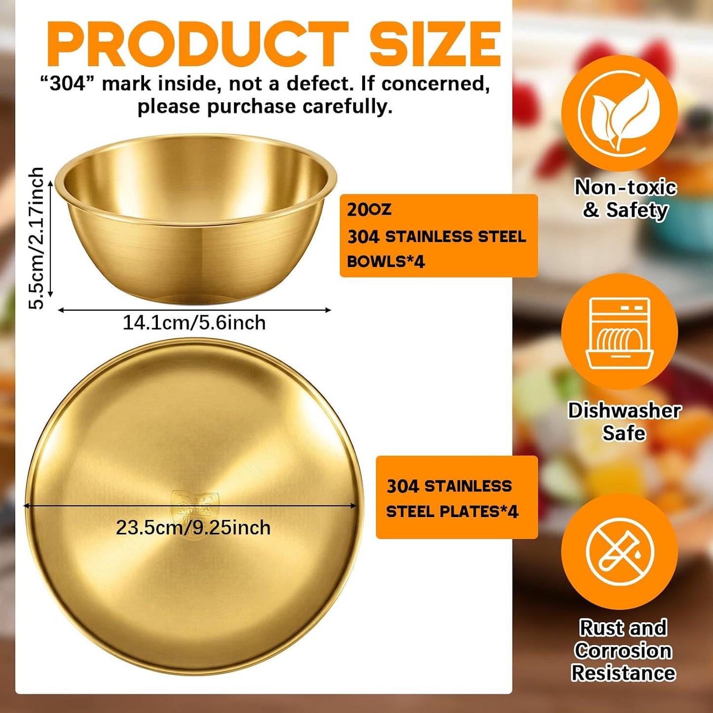 304 Stainless Steel Plates and Bowls Sets - 9 Inch Metal Camping Plates Reusable 20oz Steel Snack Bowls Feeding Serving Dinner Dishes for Adult Girls Boys