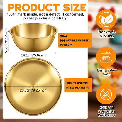 304 Stainless Steel Plates and Bowls Sets - 9 Inch Metal Camping Plates Reusable 20oz Steel Snack Bowls Feeding Serving Dinner Dishes for Adult Girls Boys