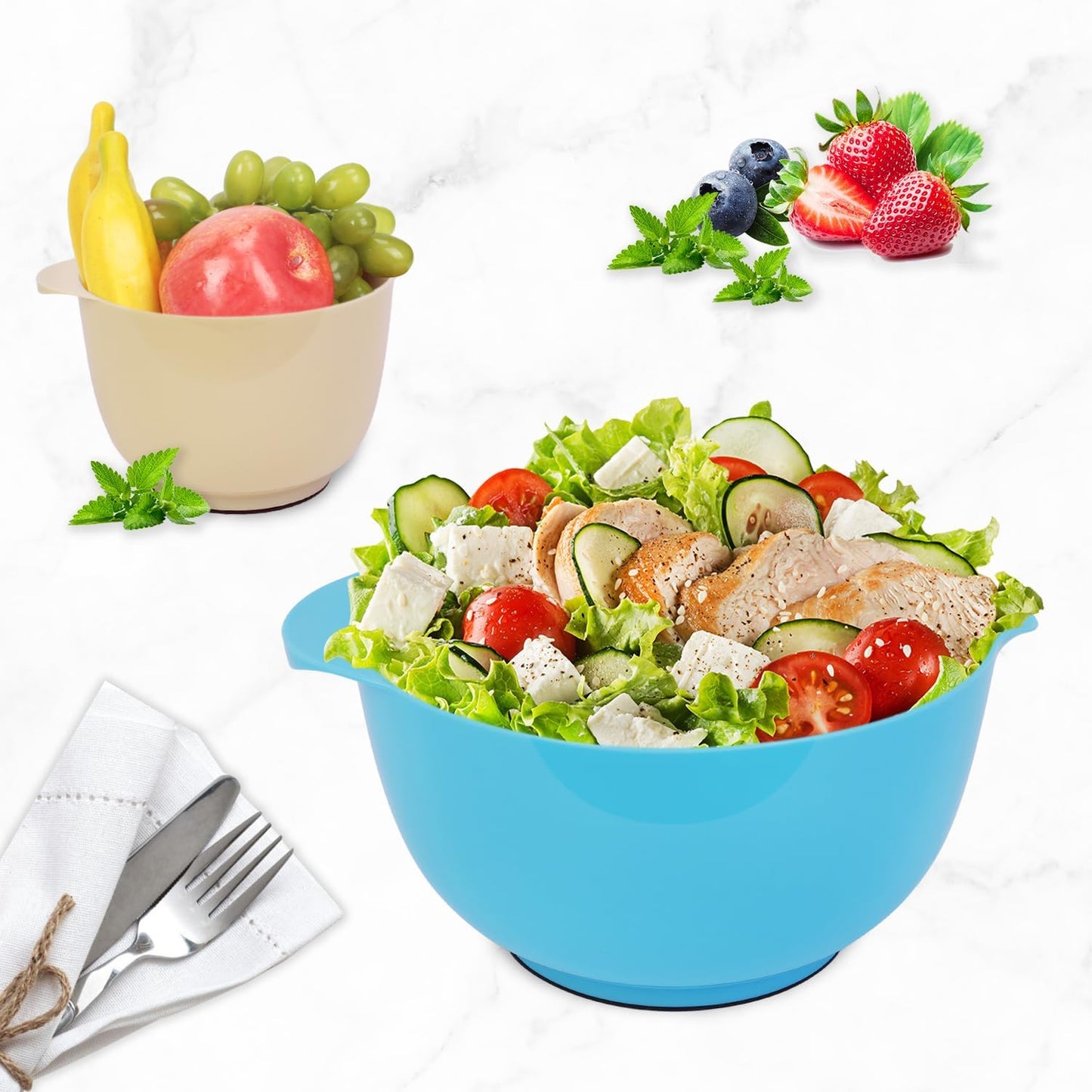 BoxedHome Nesting Plastic Mixing Bowl Set With Pour Spout, Microwave and Dishwasher Safe, BPA free Non-Slip Base, Set of 4 Size 1.7, 2.5, 3.5 and 4.5qt, Great for Prepping, Baking, Cooking (Dark Blue)