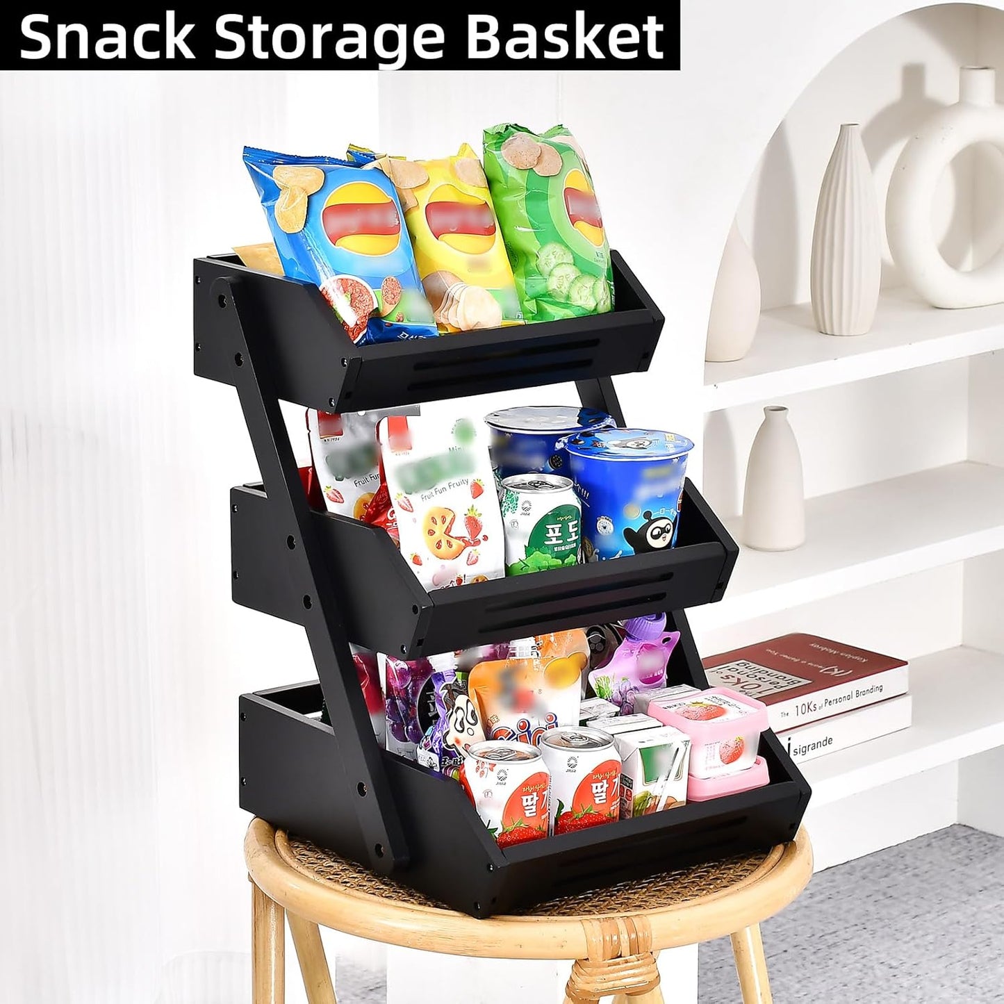VIKEYHOME Fruit Basket, 2 Tier Bamboo Fruit Basket for Kitchen, 11" Tall Fruit Stand Storage Holder, Heavy Duty/Large Capacity for Vegetables, Fruit, and Snack, 15 mm Thickness (Self-assembly)