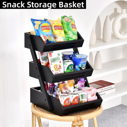 VIKEYHOME Fruit Basket, 2 Tier Bamboo Fruit Basket for Kitchen, 11" Tall Fruit Stand Storage Holder, Heavy Duty/Large Capacity for Vegetables, Fruit, and Snack, 15 mm Thickness (Self-assembly)