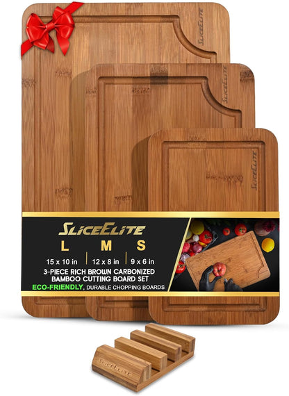 SliceElite Extra Large Bamboo Cutting Board Set 3 Piece End Grain Wooden Chopping Boards with Holder Non Slip Feet Juice Groove XL Butcher Block Style Boards for Kitchen Carving and Serving