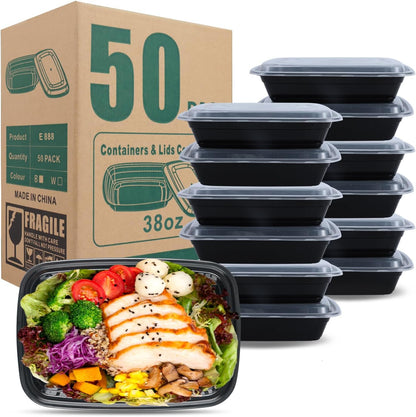 50 Pack (100-Piece) 28oz Meal Prep Containers, 50 Pack (100-Piece) Rectangle,BPA-Free, Food Safe & Leakproof Reusable Plastic Food Storage – Microwave Safe, Stackable Takeout Boxes