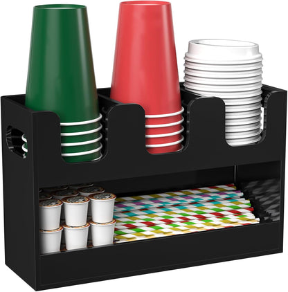 Disposable Coffee Cup Dispenser with Handles, 2-Tier 4 Compartments Clear Acrylic Paper Cup and Lid Storage Organizer for Coffee Bar Kitchen Accessories Restaurant Breakroom Party Supplies