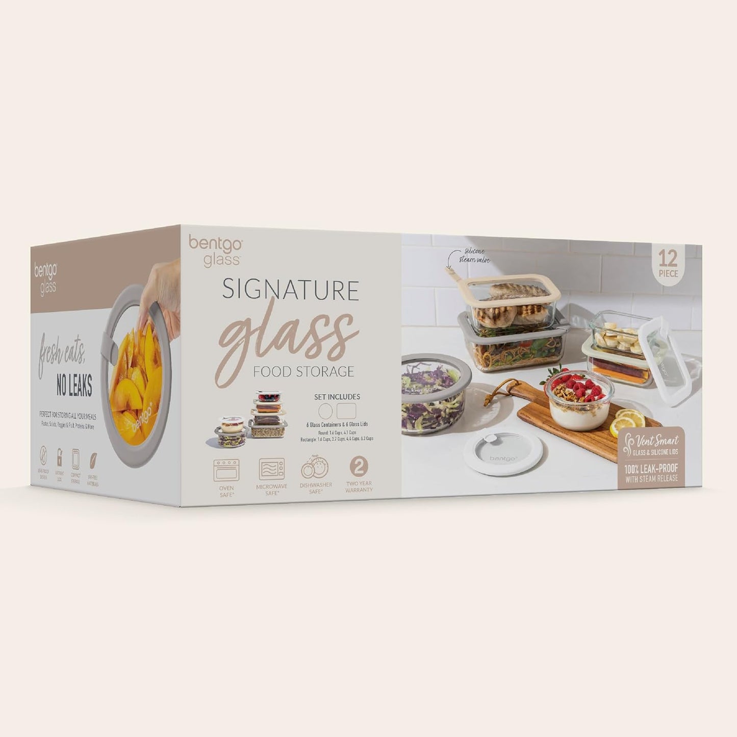 Bentgo Signature Leak-Proof Glass Food Storage - 12-Piece Set, 1-Compartment Meal Prep Plastic-Free Containers, Airtight Glass Lids, BPA-Free, Microwave, Freezer, Oven, Dishwasher Safe (Desert Sage)