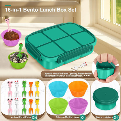 Amathley Lunch Box Kids Girls Boys,Bento Box Adult,Toddler Lunch Containers for School,Leakproof Snack Containers with 6 Compartments,Sauce Container,10 Food Picks and 4 Muffin Cups (Green)