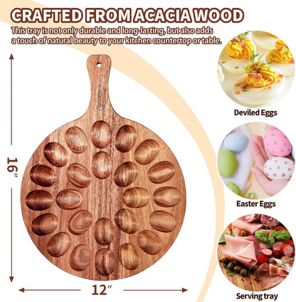 2-Pack 24 Holes Deviled Egg Platter,Acacia Wooden Round Deviled Egg Charcuterie Board Tray Holder Carrier with Handle for Kitchen Countertops