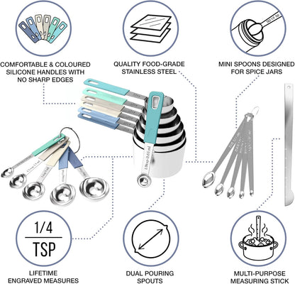 CuttleLab 22-Piece Stainless Steel Measuring Cups and Spoons Set, Tad Dash Pinch Smidgen Drop Mini Measuring Spoons, Measuring Stick Leveler, Measurement Conversion Chart Fridge Magnet, (Charcoal)