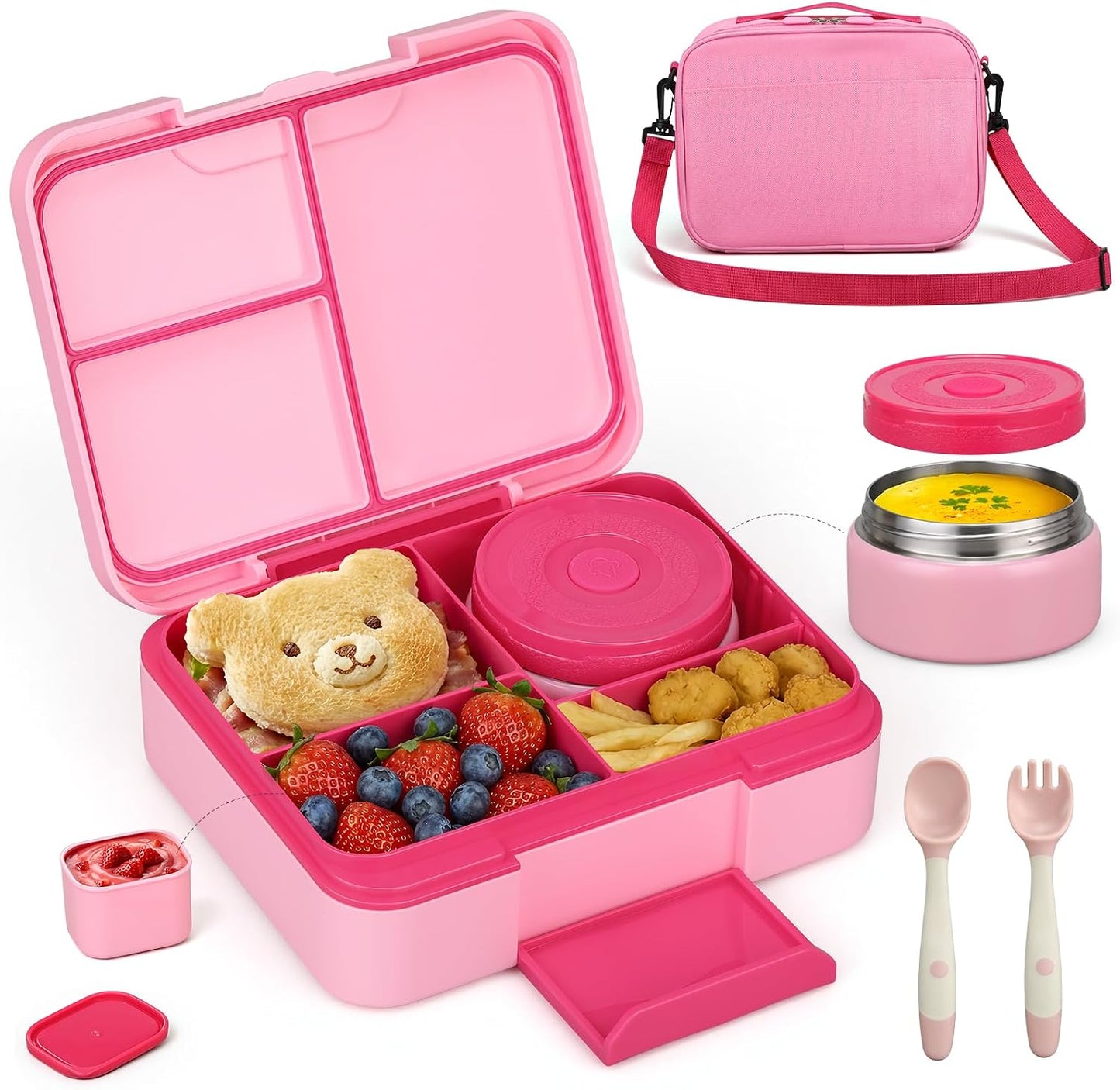 Bento Box Set with 9.5oz Soup Thermo Kids Leak-proof Lunch Box Container with 4 Compartment Stainless Steel Insulated Hot Food Jar with Bag for School Travel - Pink
