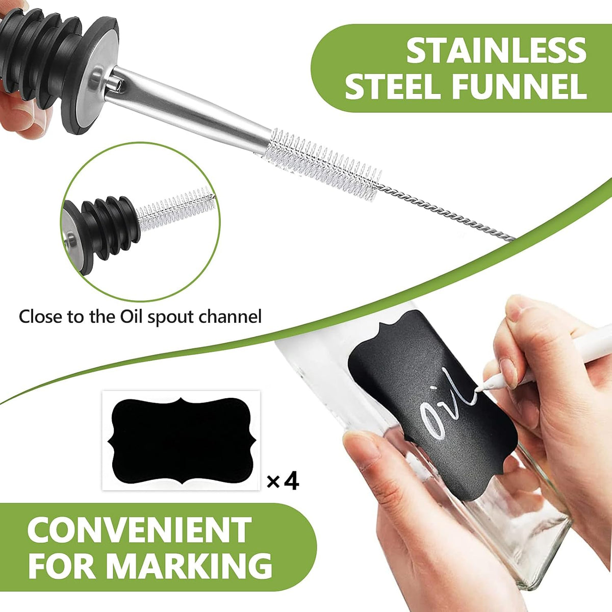 Leaflai Olive Oil Dispenser Bottle, Glass Olive Oil Dispenser and Vinegar Dispenser Set with Stainless Steel Pourers, 4 Labels,1 Brush and 1 Funnel Oil Bottles for Kitchen (500ml)