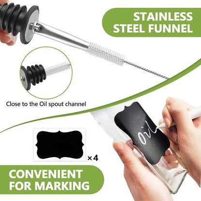 Leaflai Olive Oil Dispenser Bottle, Glass Olive Oil Dispenser and Vinegar Dispenser Set with Stainless Steel Pourers, 4 Labels,1 Brush and 1 Funnel Oil Bottles for Kitchen (500ml)