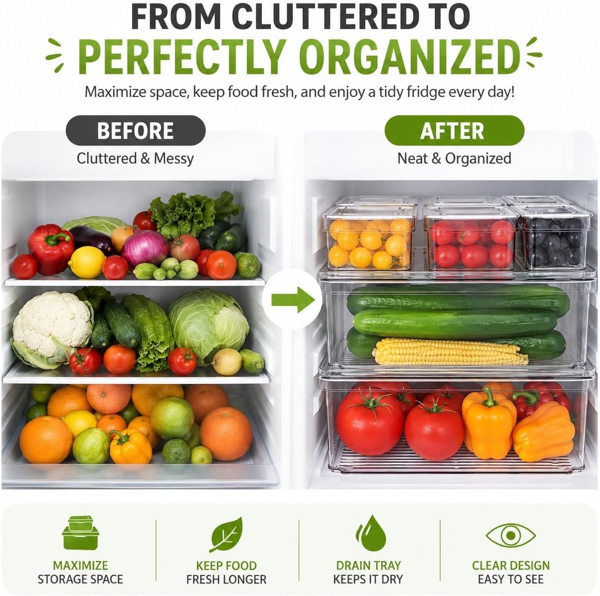 10 Pack Clear Fridge Organizer Bins with Lids, Plastic Storage Totes for Refrigerator, Pantry, Kitchen and Bathroom Vanity, Stackable Food Storage Boxes for Fruits, Vegetables, Cereals and Snacks