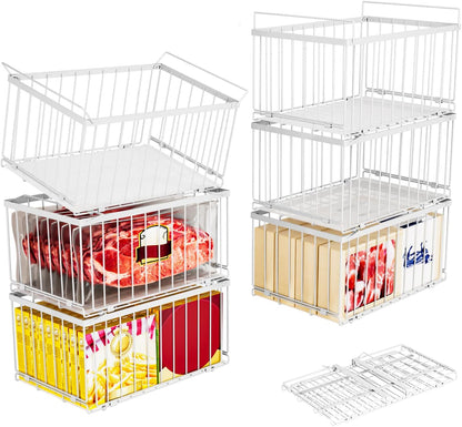 Large Freezer Organizer Bins, Upgrade Quick Expand/Collapse Feature, for 5-9 Cu.Ft Deep Freezer, 3 Pack Stackable Deep Freezer Organizer Bins, Black Wire Foldable Baskets (Black 3 Pack)