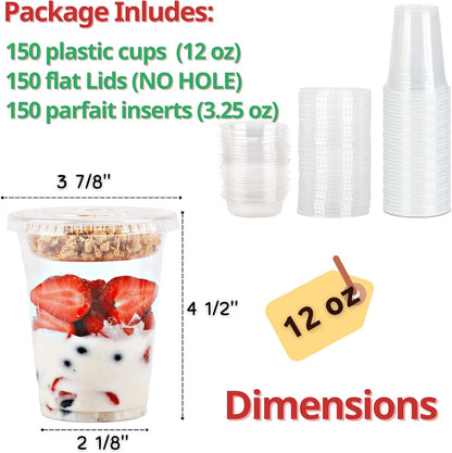 Aatriet 12 oz Clear Plastic Parfait Cups with Insert 3.25oz & Dome Lids No Hole - (20 Sets) Yogurt Fruit Parfait Cups, for Dips and Veggies, Take Away Breakfast and Snacks. No Leaking