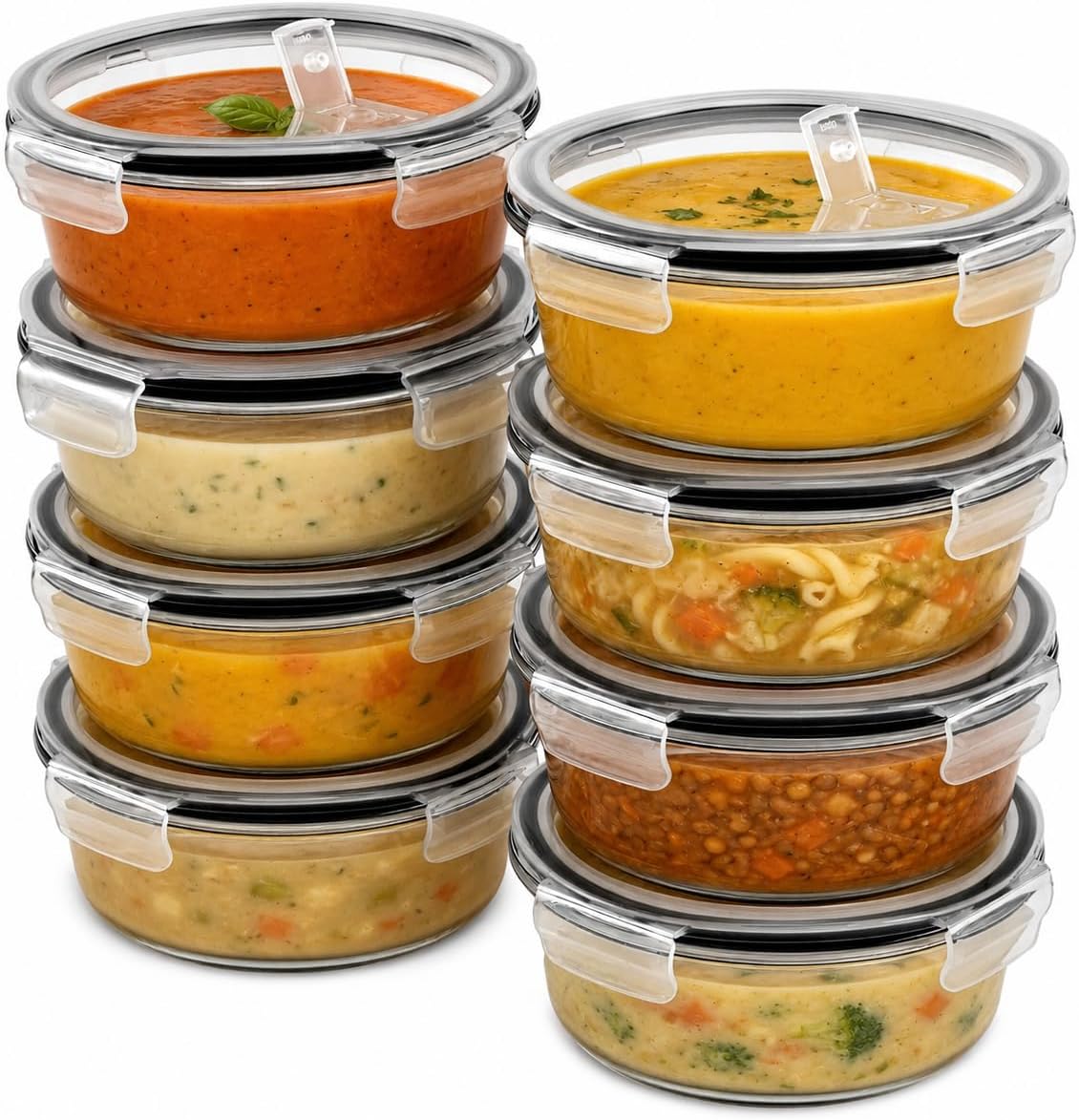Sorbus 8 Round Glass Containers with Lids, Meal Prep Set (Black)