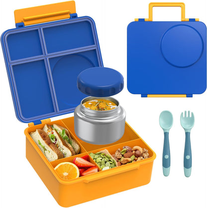 Bento Lunch Box Set for Kids with 8oz Soup Thermo, Leak-Proof Lunch Containers with 4 Compartment, Thermo Hot Insulated Food Jar and Foldable Fork Spoon, for Kids to School (pale pink)