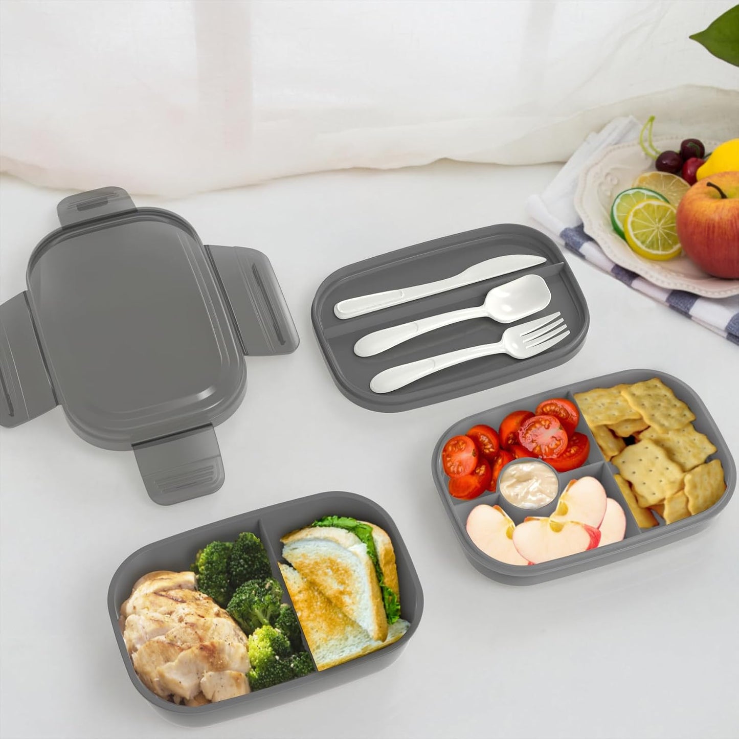 JBGOYON® Bento Lunch Box with Bag - All-in-One Stackable Lunch Containers with 3 Layers for Adults & Kids, 1900 ML Modern Bento-Style Design, Built-in Utensil Set, Lunch Bag (Purple)