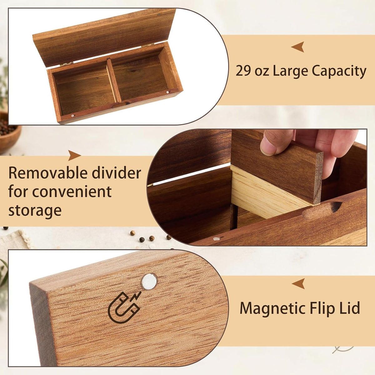 Acacia Wood Salt Cellar Spice Box with Magnetic Lid 29oz Large Capacity Salt Organizer 3 Compartments for Kitchen Countertop, Pepper, Seasonings, Spices, Grilling & Cooking