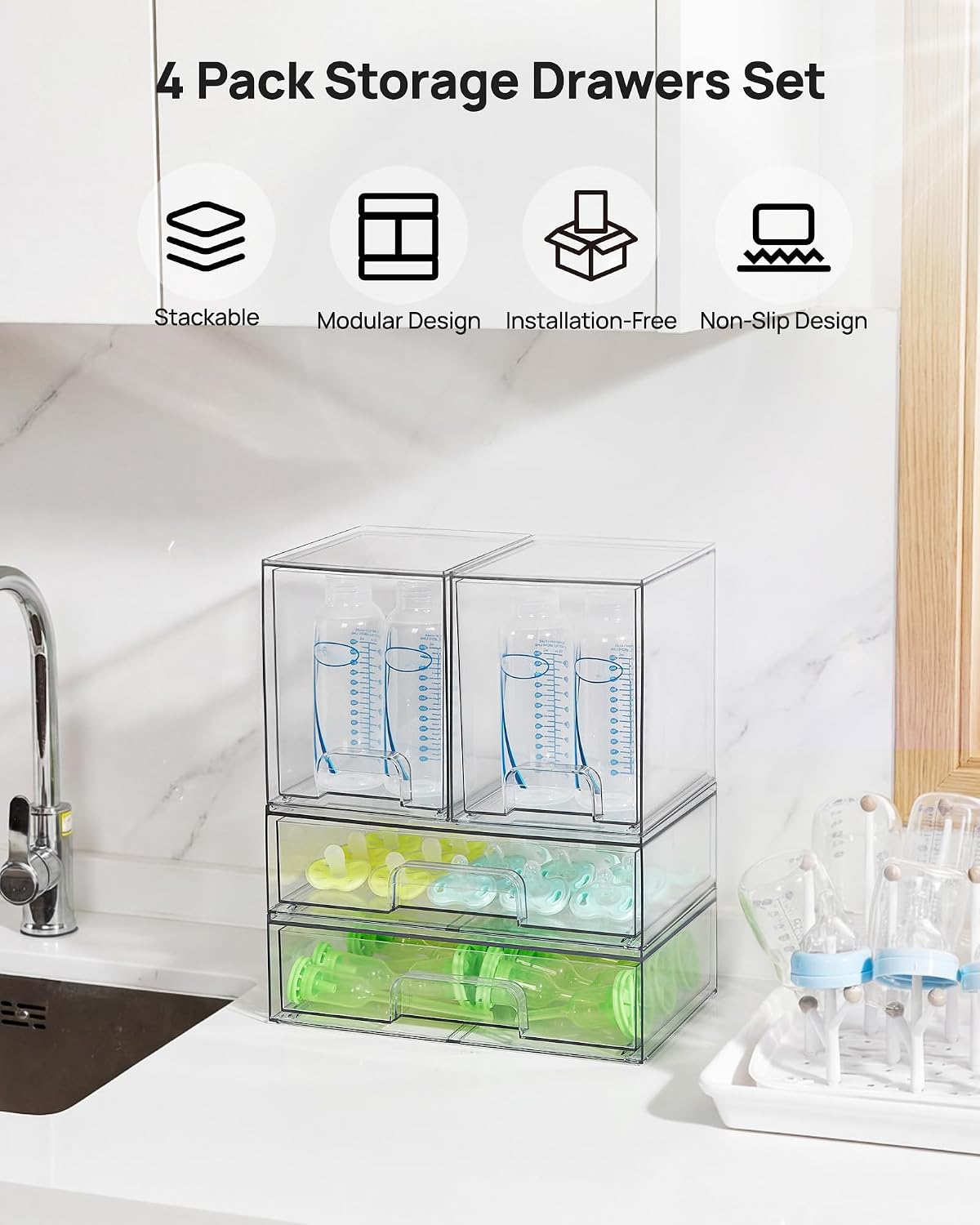 Vtopmart Stackable Storage Drawers Set of 5, Clear Plastic Organizer Bins for Baby Bottle, Beauty Supplies Storage, Ideal for Kichen Countertop, Vanity, Bathroom, Cabinet, Pantry Organization
