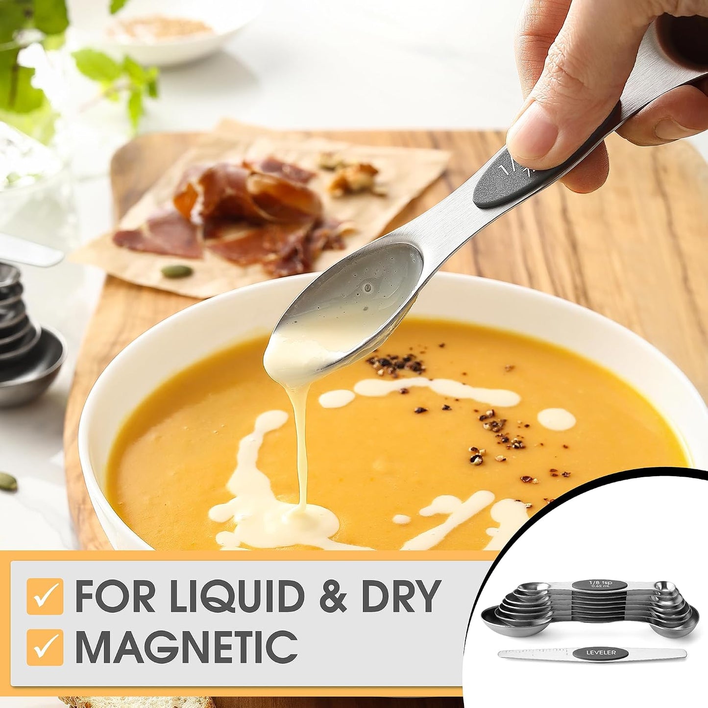Spring Chef Stainless Steel Magnetic Measuring Spoons Set with Strong N45 Magnets, Heavy Duty Metal Kitchen Gadgets for Baking & Cooking, Fits in Most Kitchen Spice Jars, Set of 8 with Leveler, Black