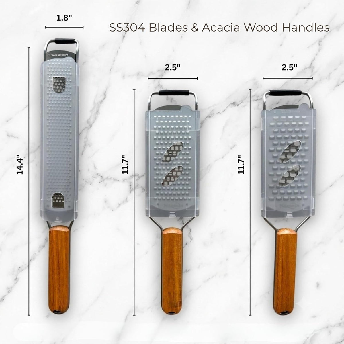 NAZANIN 3-Piece Stainless Steel Cheese Grater & Zester Set w/Acacia Wood Handles – For Parmesan, Lemon Zest, Ginger, and Spices