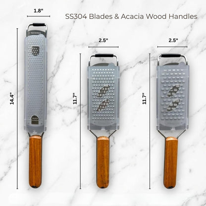NAZANIN 3-Piece Stainless Steel Cheese Grater & Zester Set w/Acacia Wood Handles – For Parmesan, Lemon Zest, Ginger, and Spices