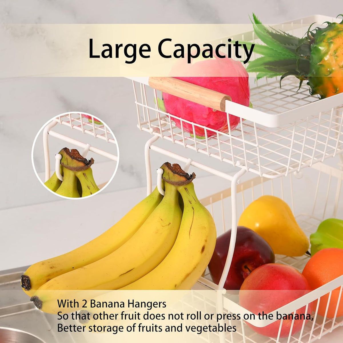 Fruit Basket Bowl 2 Tier Detachable with 2 Banana Hangers, Fruit Stand Holder for Kitchen Countertop, Metal Wire Vegetable Storage Organizer, for Bread Snack Veggies Produce, Black