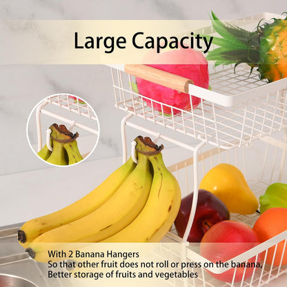 Fruit Basket Bowl 2 Tier Detachable with 2 Banana Hangers, Fruit Stand Holder for Kitchen Countertop, Metal Wire Vegetable Storage Organizer, for Bread Snack Veggies Produce, Black