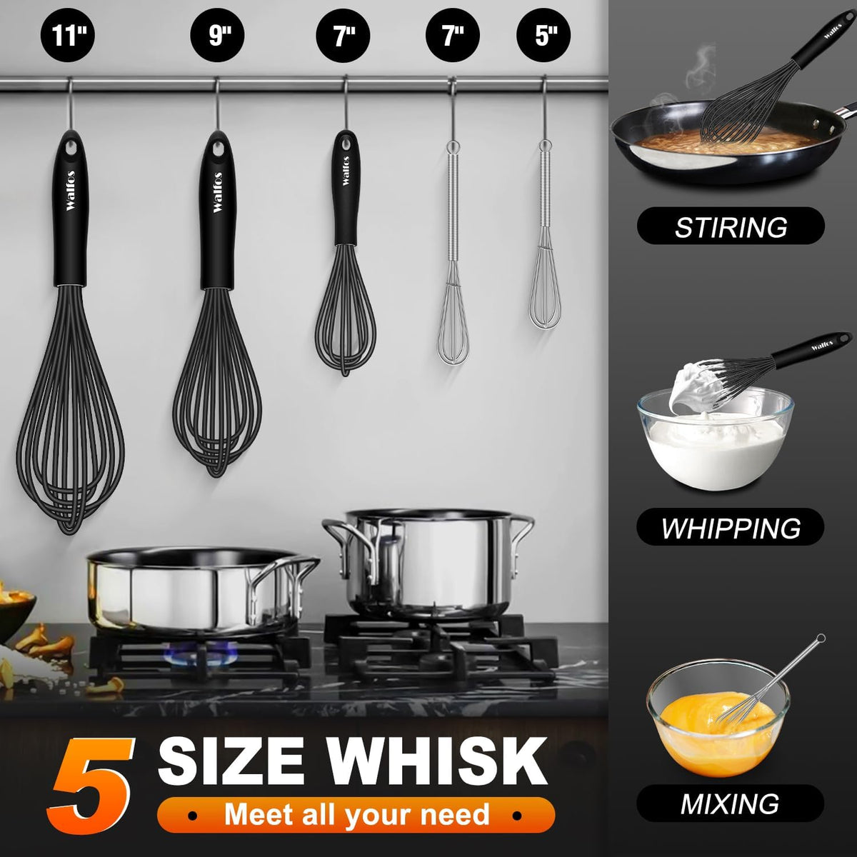 Walfos Silicone Whisk,Stainless Steel Wire Whisk -Heat Resistant 480°F Kitchen Whisks for Non-stick Cookware,Balloon Egg Beater Perfect for Blending,Whisking,Beating,Frothing & Stirring,Black