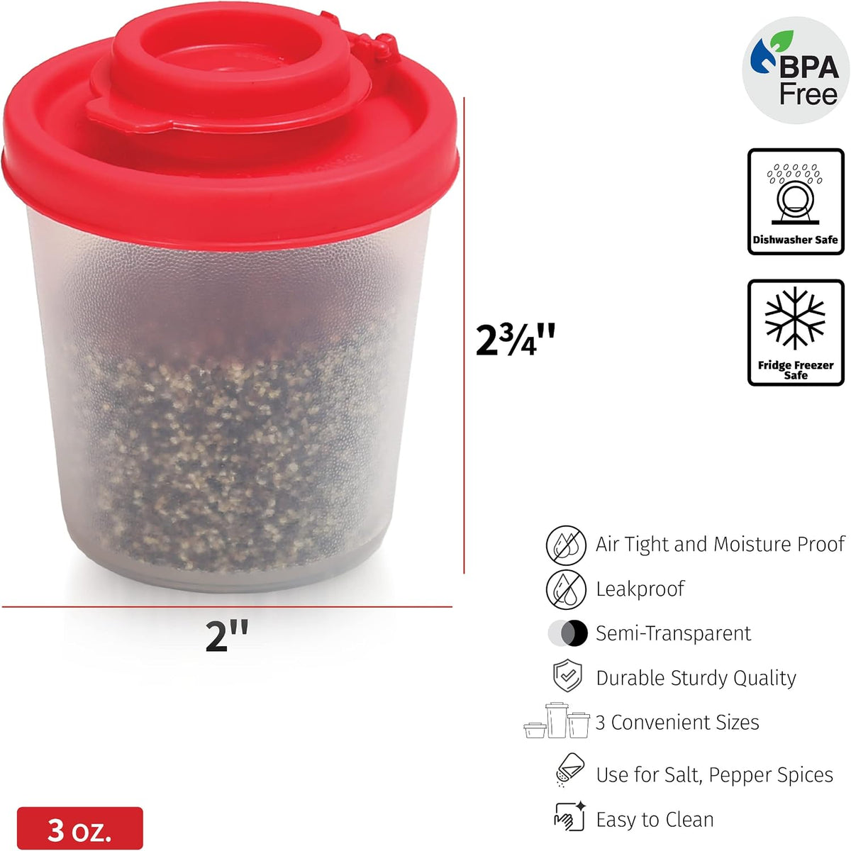 SIGNORAWARE Salt and Pepper Shakers Moisture Proof Set of 2 Large Salt Shaker to go Camping Picnic Outdoors Kitchen Lunch Boxes Travel Spice Set Clear with Red Covers Lids Plastic Airtight Dispenser