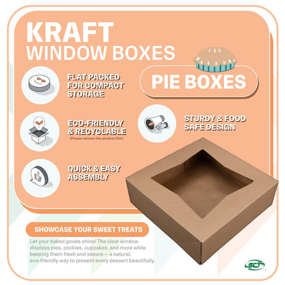 SCT Kraft Window Bakery Box (200 Pack) 10x10x2.5, Auto Pop-Up Bakery Carrier for Pies, Donuts, Pastries, Kraft with Clear Lid, 24233K