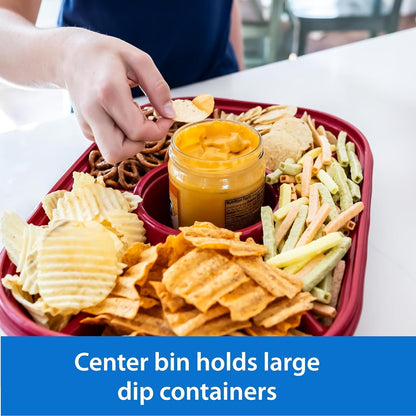 Buddeez Jumbo Divided Serving Tray with Lid - Includes 6 Bins for Party Platter, Snackle Box Container, Fruit and Veggie Tray, Chip