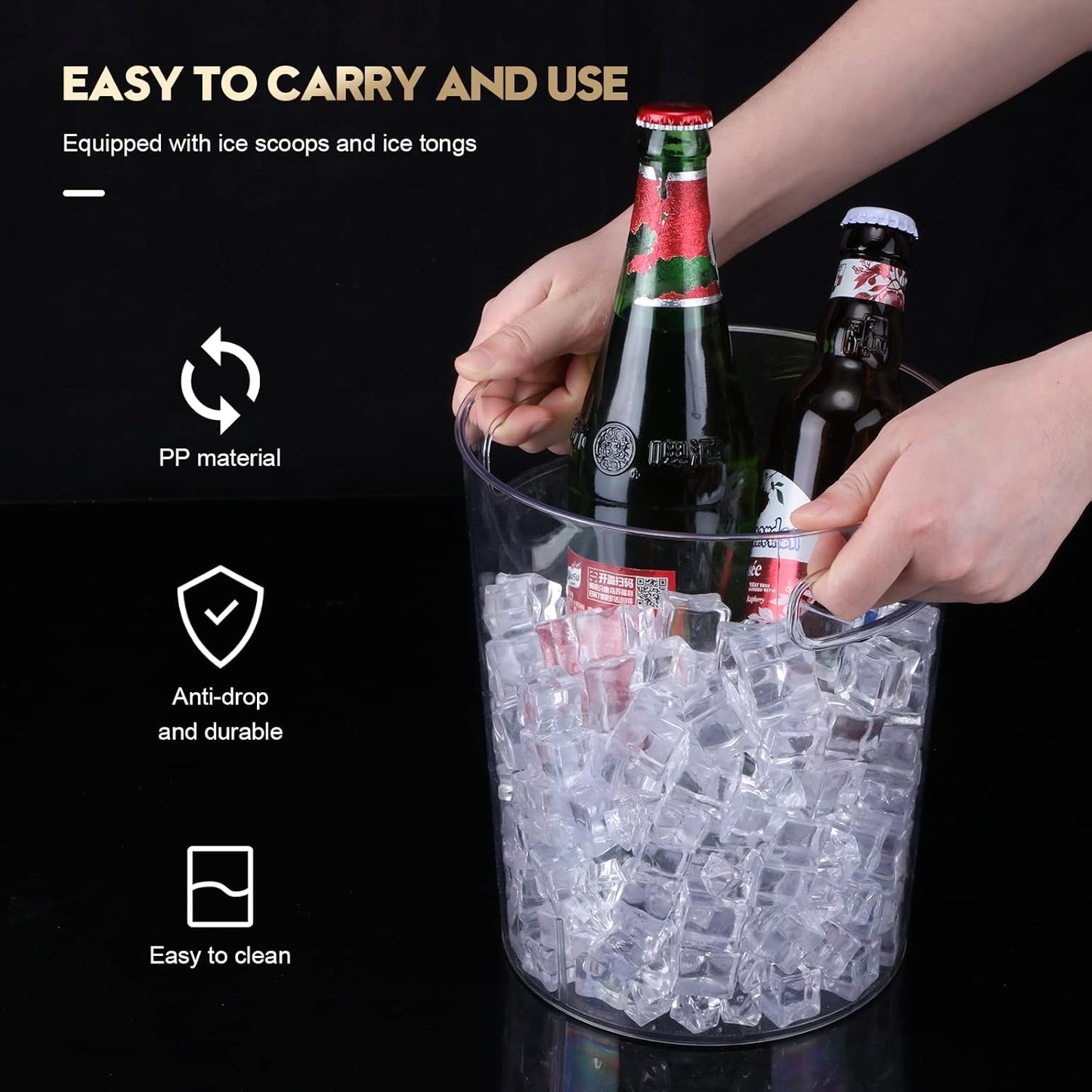 Rtteri 6 Set Plastic Ice Buckets for Parties with Handle, Scoop, Serving Tongs, Large Clear Ice Bucket Round Chiller Beverage Tubs Drink Bottle Cooler for Champagne Beer Wine(5 L)