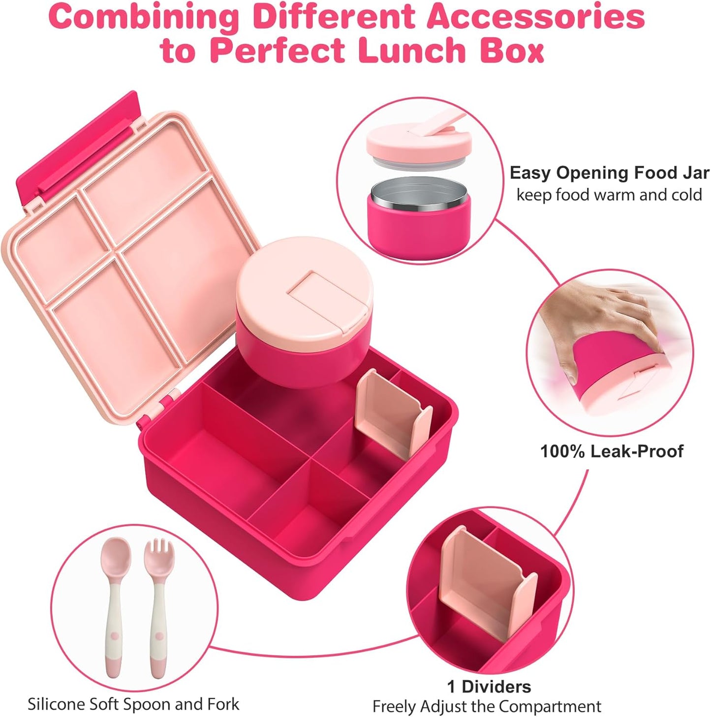 Kids Bento Lunch Box with 8oz Soup Thermo, Water Bottle, Kids Leakproof Lunch Food Containers with 4 Compartment, Insulated Hot Food Jar with Lunch Bag for School, Trvael (Black)