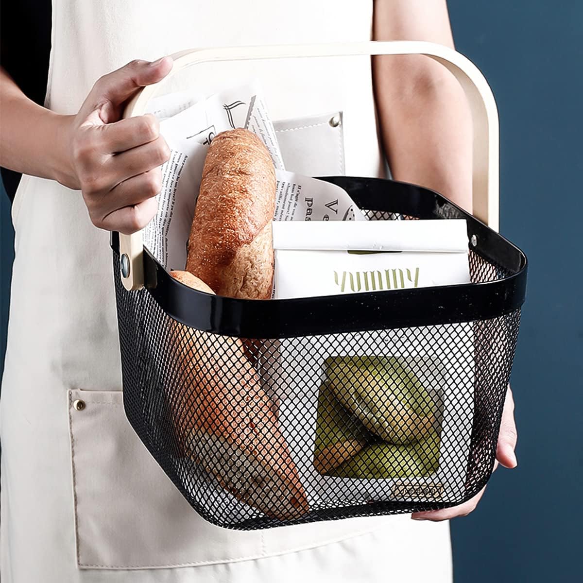 Mesh Steel Storage Organizer Basket Fruit Basket Bin with Wood Handle Ideal for Kitchen Bathroom Picnic Baskets Pantry Cabinets Storage Home Decor (White)