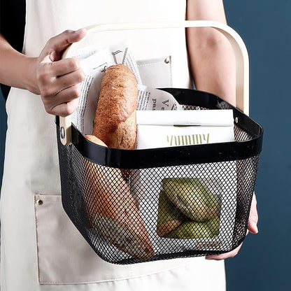 Mesh Steel Storage Organizer Basket Fruit Basket Bin with Wood Handle Ideal for Kitchen Bathroom Picnic Baskets Pantry Cabinets Storage Home Decor (White)