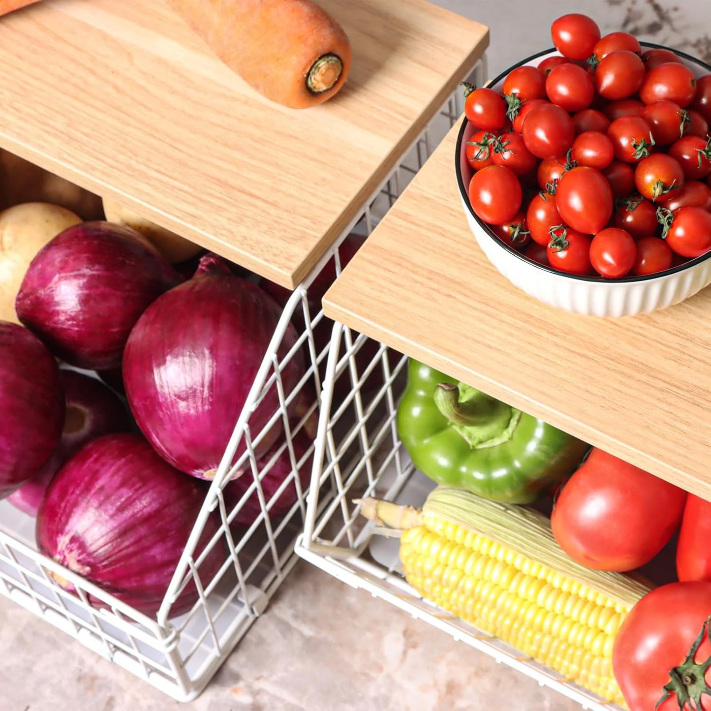 Mefirt Fruit Basket, 2-Tier Fruit Bowl for Kitchen Counter, Stackable Wall Mounted Fruit Storage, Snack Organizer, Potato and Onion Storage Basket, Hanging Pantry Storage with Wood Lid, 2 Set, White