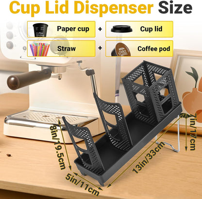 Cup and Lid Holder, Disposable Paper Cup Dispenser with Coffee Pod Straw Storage Basket, Countertop Coffee Cup Holder for Coffee Stations, Bars, Break Rooms, Living Rooms, Parties (Black)